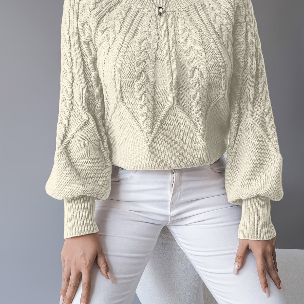 Women's Classic Cable Crew Neck Sweater with Lantern Sleeves