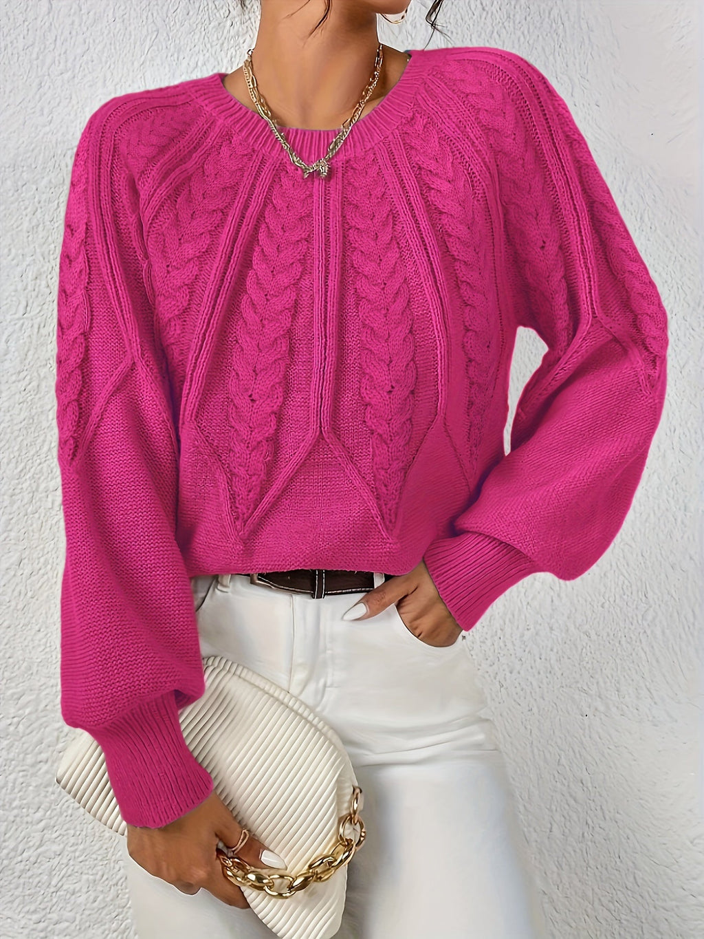 Women's Relaxed Cable-Knit Sweater with Raglan Sleeves and Ribbed Hem