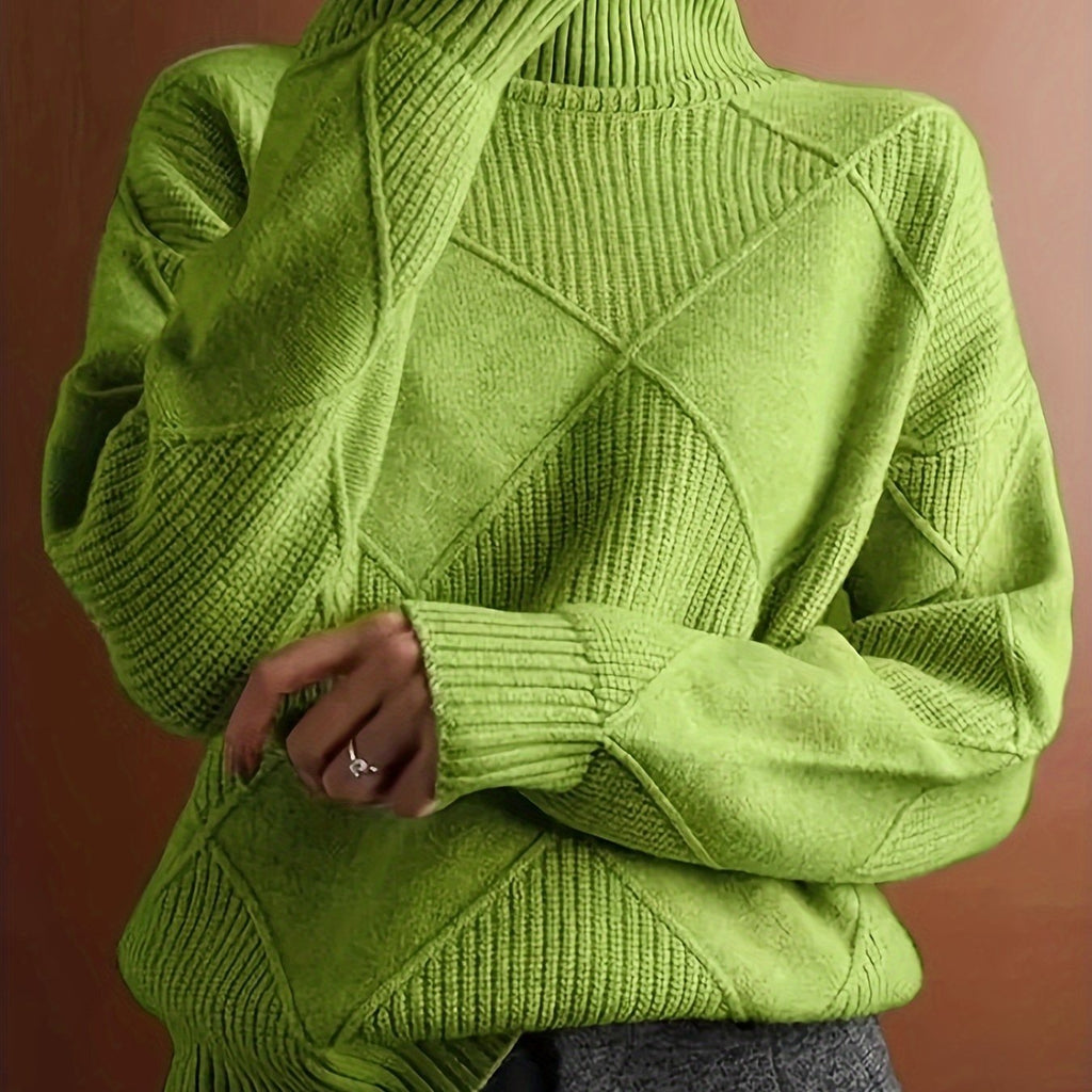Women's Plus-Size Diamond Knit Turtleneck Sweater in a Relaxed Fit - Green