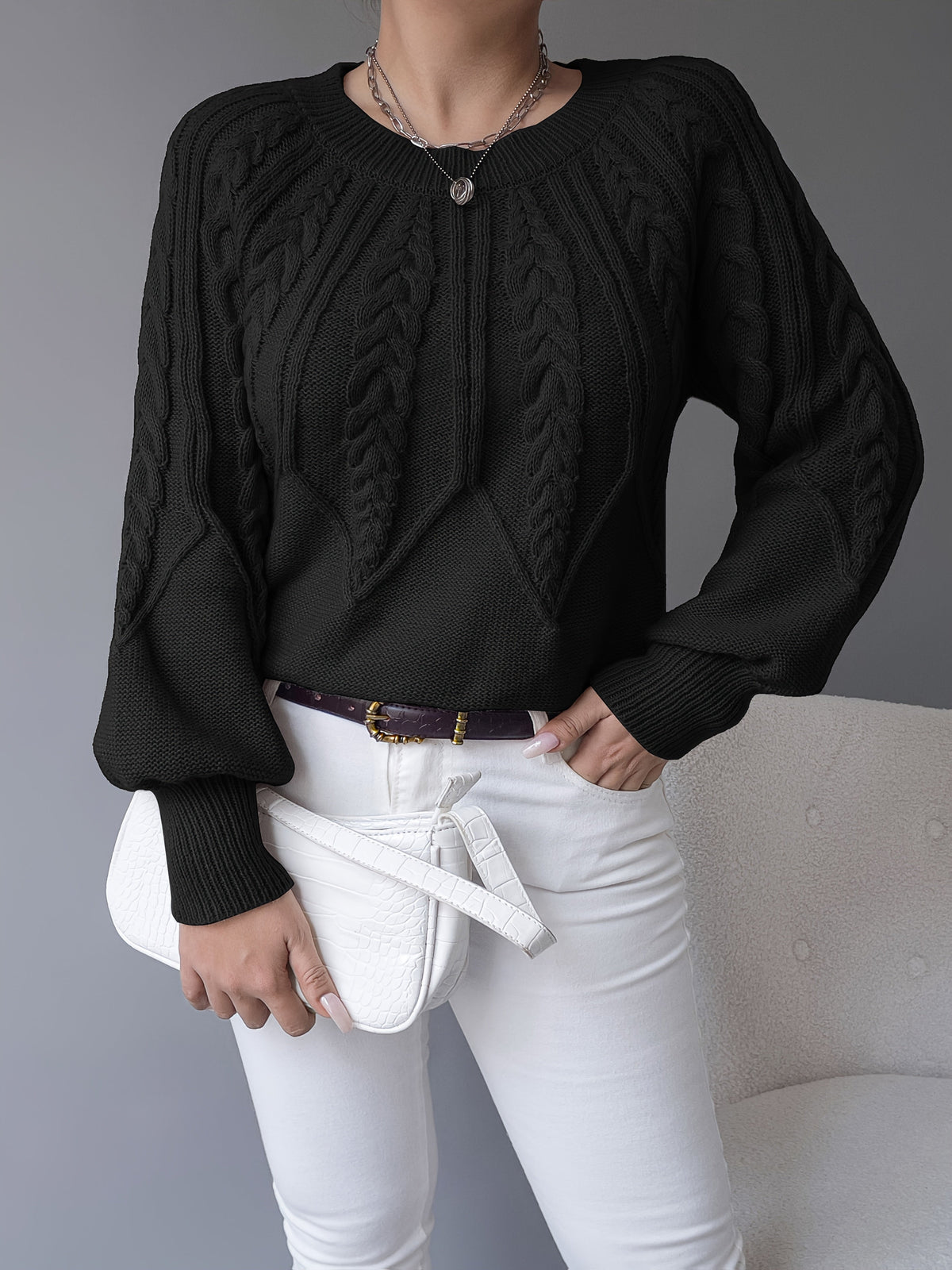 Women's Classic Cable Crew Neck Sweater with Lantern Sleeves