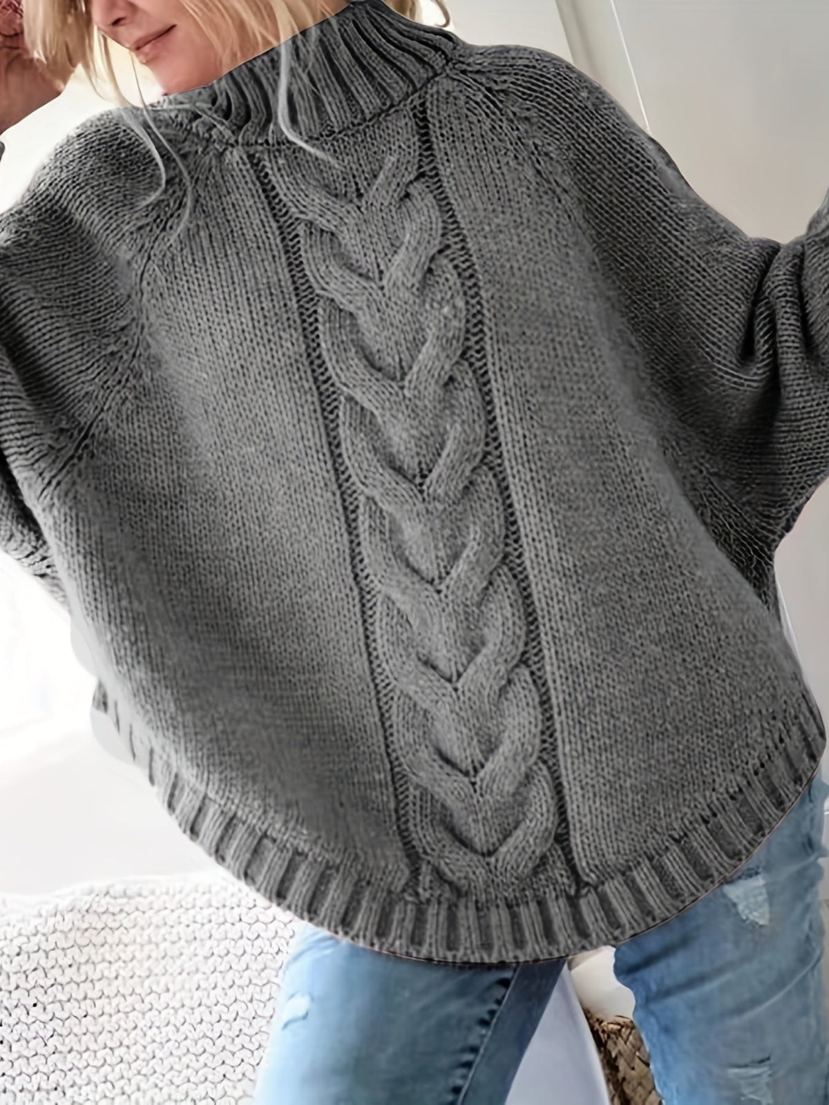 Women's Relaxed Thick Cable-Knit Sweater with Tall Neck
