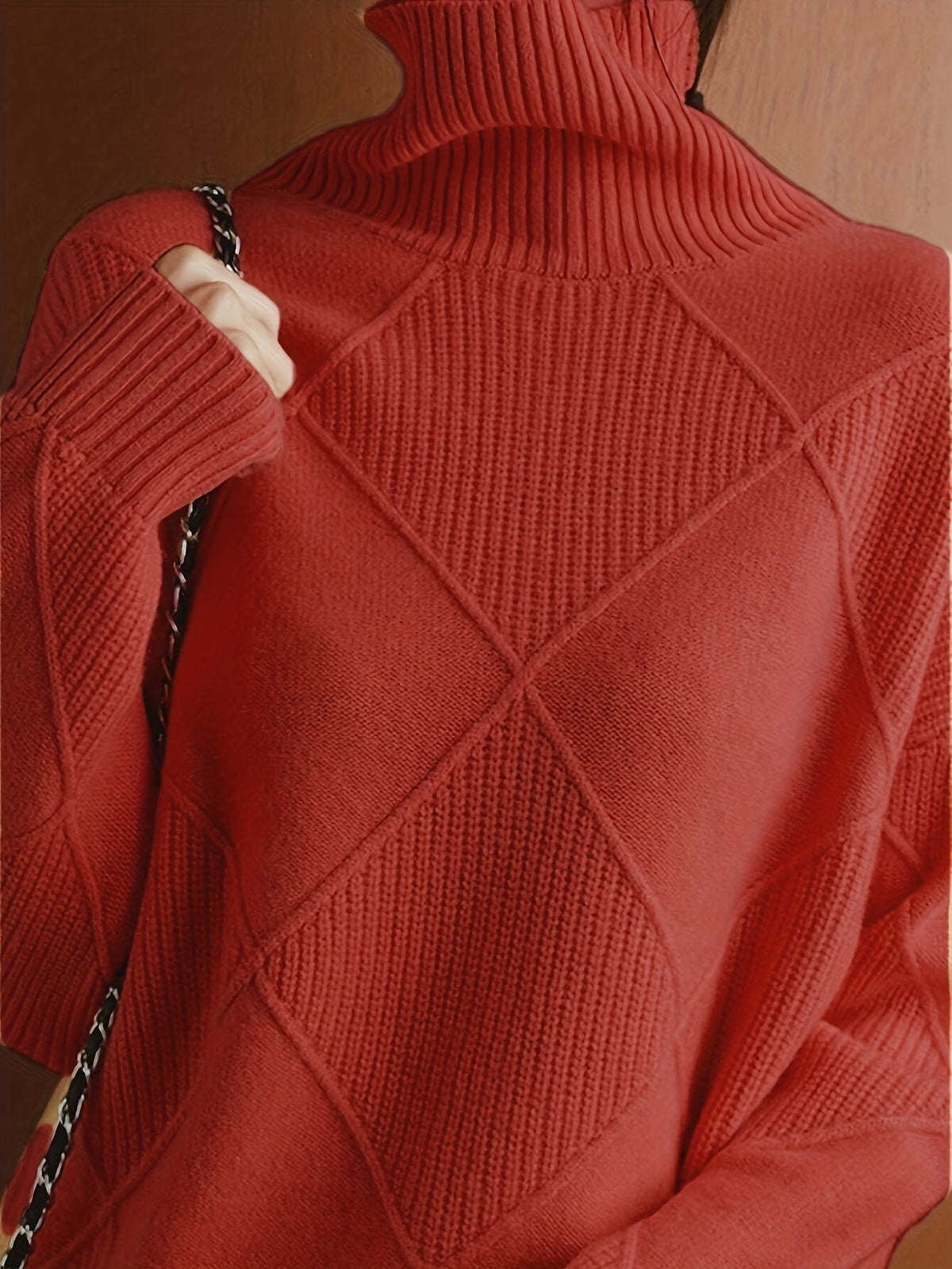 Women's Plus-Size Diamond Knit Turtleneck Sweater in a Relaxed Fit