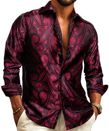 Men's Long-Sleeve Paisley Jacquard Shirt for Formal Events - Wine Red