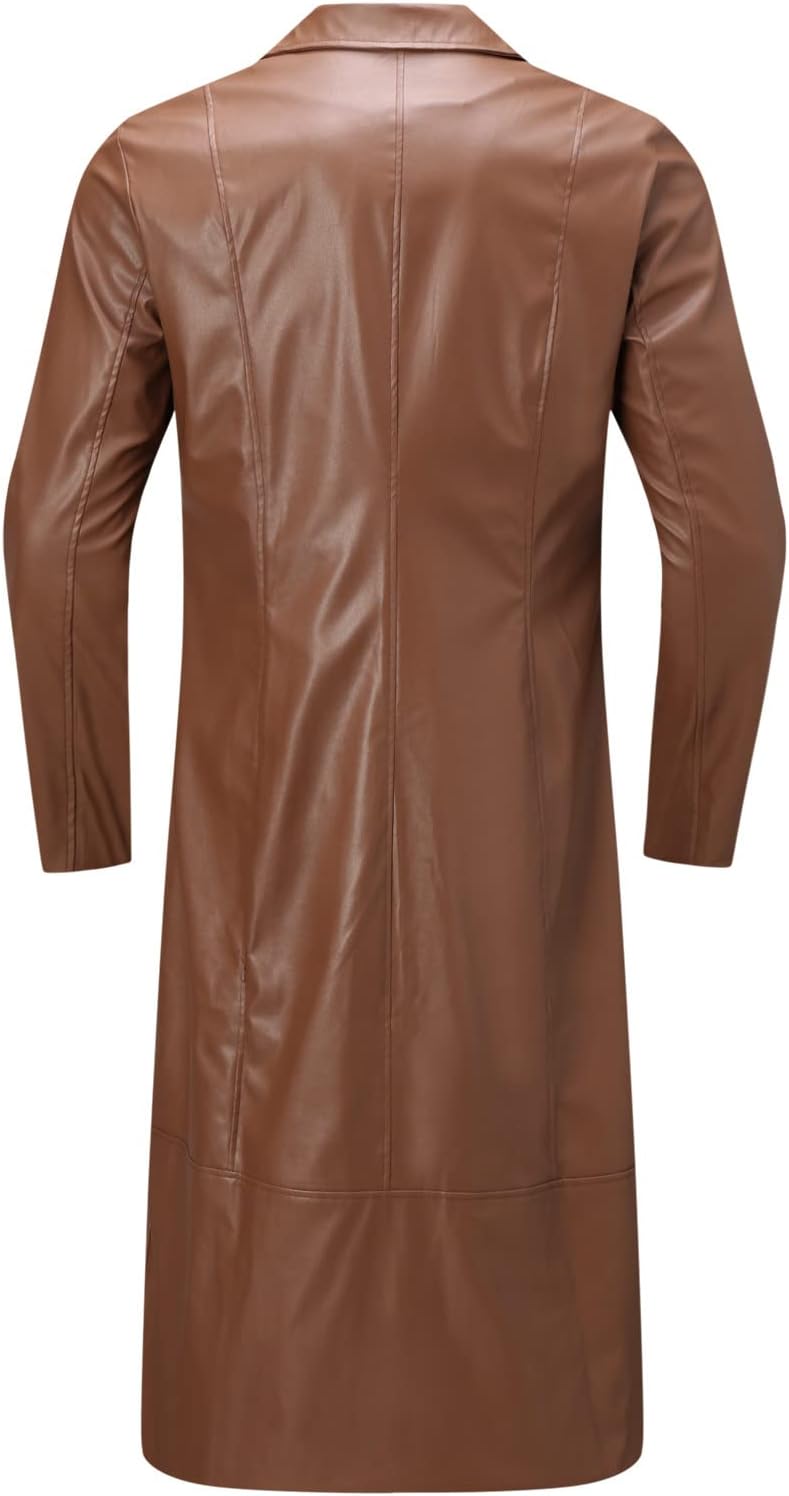 Men's Single-Breasted Longline Faux Leather Coat with Notch Lapels