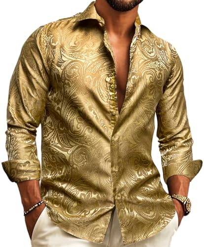 Men's Long-Sleeve Paisley Jacquard Shirt for Formal Events - Gold