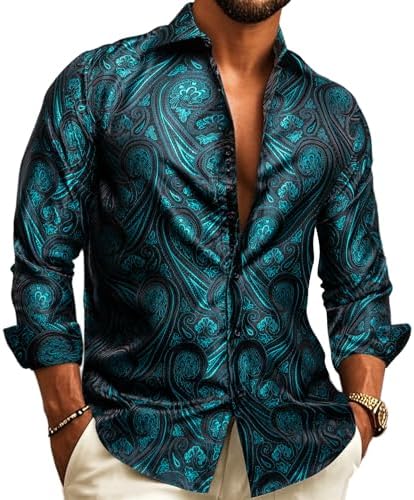 Men's Long-Sleeve Paisley Jacquard Shirt for Formal Events - Teal
