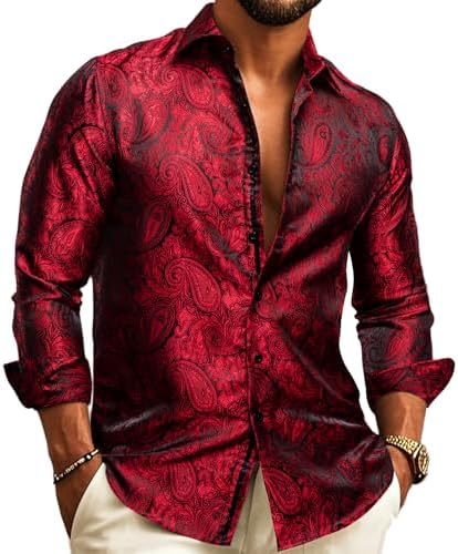 Men's Long-Sleeve Paisley Jacquard Shirt for Formal Events - Dark Red