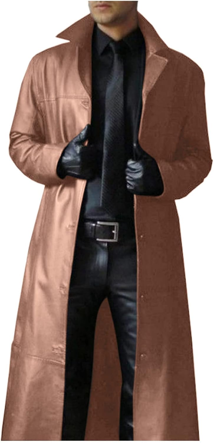 Men's Single-Breasted Longline Faux Leather Coat with Notch Lapels