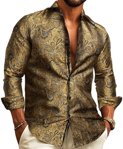 Men's Long-Sleeve Paisley Jacquard Shirt for Formal Events - Brown
