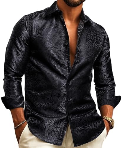 Men's Long-Sleeve Paisley Jacquard Shirt for Formal Events - Black