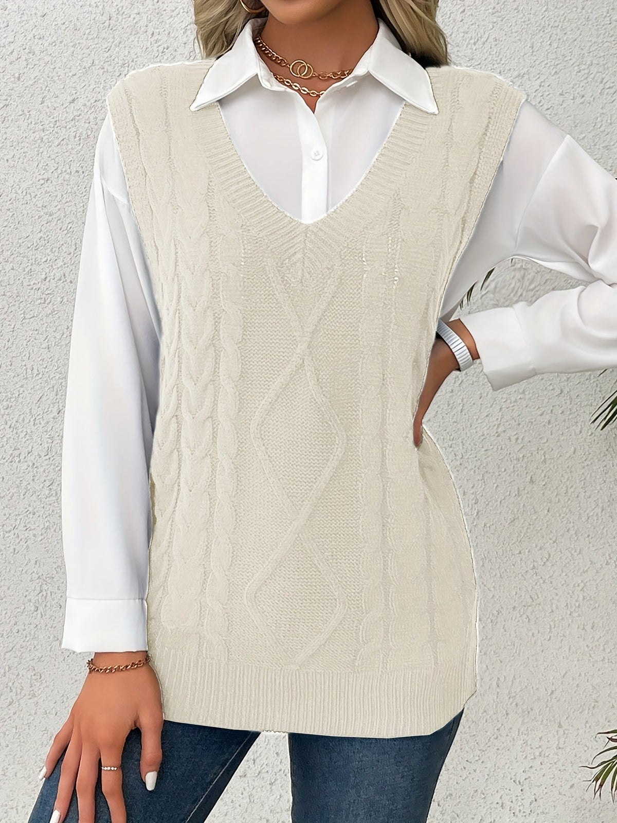 Women's Cable-Knit V-Neck Sweater Vest in a Relaxed Fit