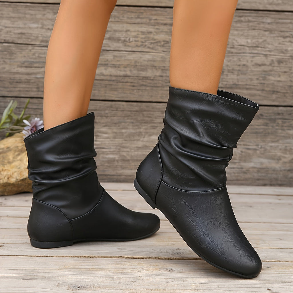 Women's Gathered-Ankle Flat Boots with Easy Slip-On Entry