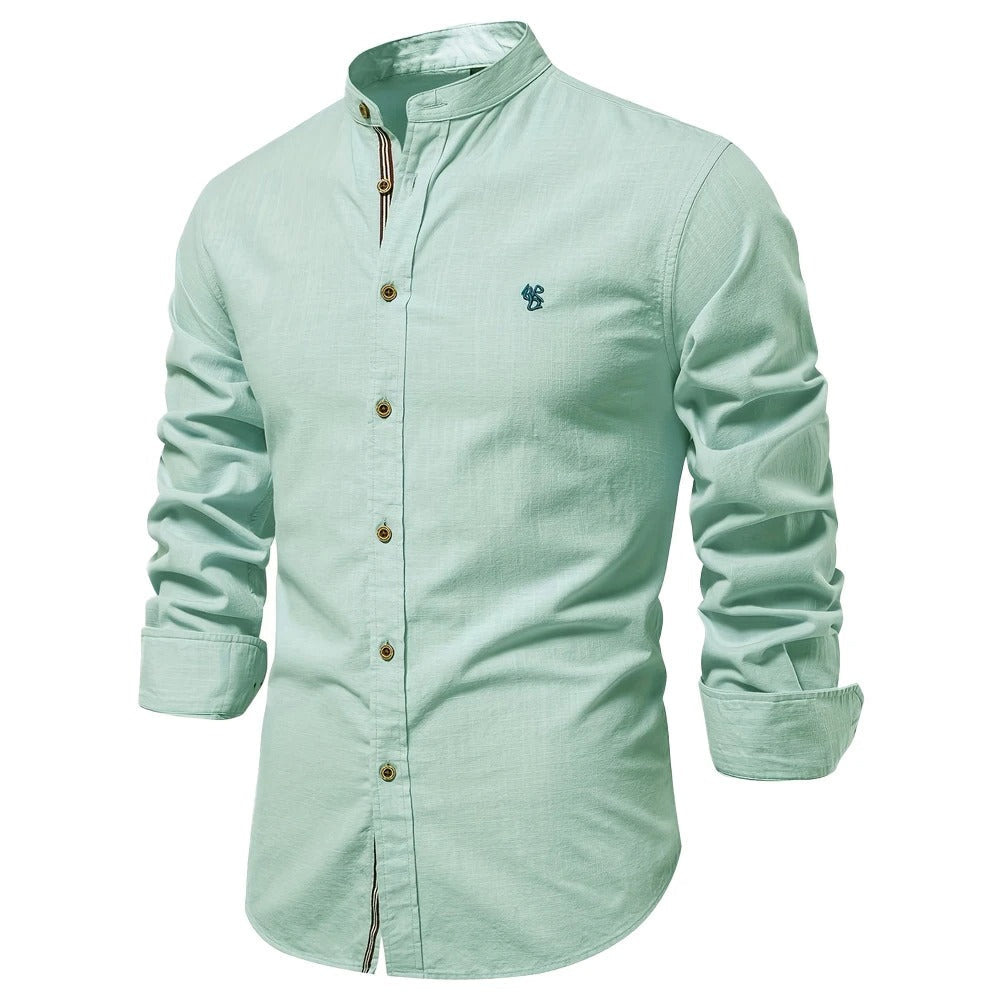 Men's Loose-Cut Airy Cotton Shirt with Stand Collar - Green