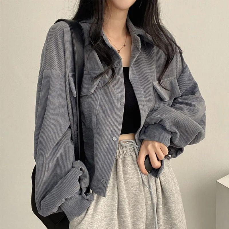 Women's Corduroy Shacket with Pointed Collar and Chest Pockets