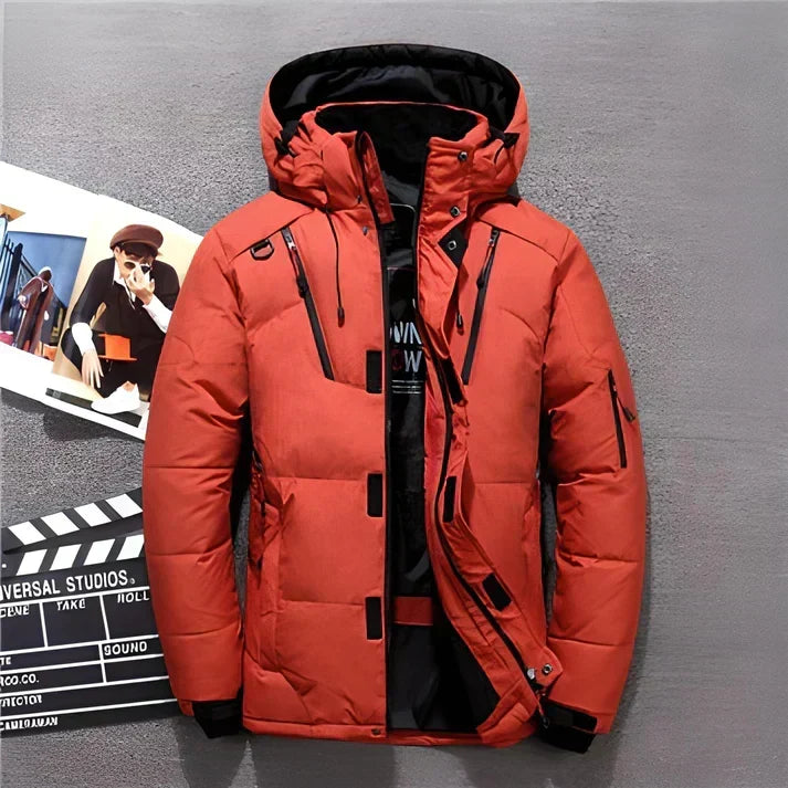 Men's Insulated Storm-Flap Winter Jacket with Adjustable Hood - Red