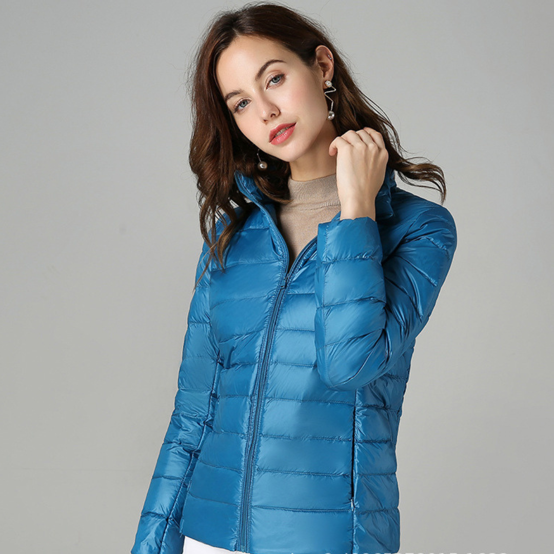 Women's Pleated Packable Rain Jacket with Light Feather Fill