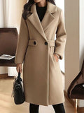 Women's Wide-Lapel Belted Longline Coat for Office Days - Khaki