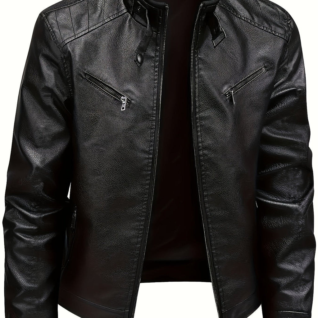Men's Soft-Feel City Moto Jacket with Stand Collar - Black