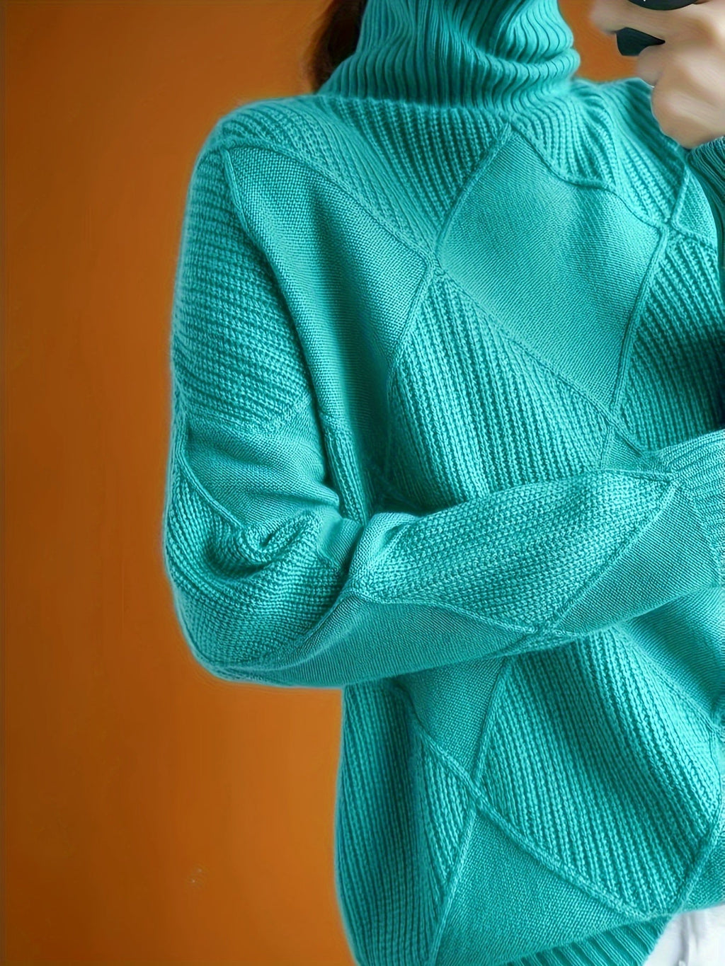 Women's Plus-Size Diamond Knit Turtleneck Sweater in a Relaxed Fit
