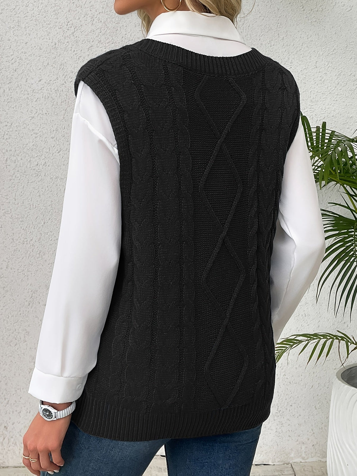 Women's Cable-Knit V-Neck Sweater Vest in a Relaxed Fit