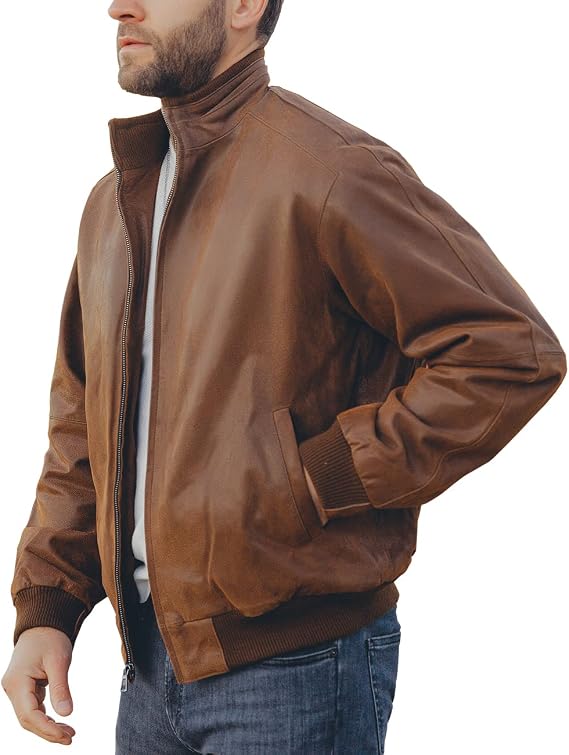 Men's Ribbed-Collar Genuine Leather Bomber Jacket in a Relaxed Fit - Brown