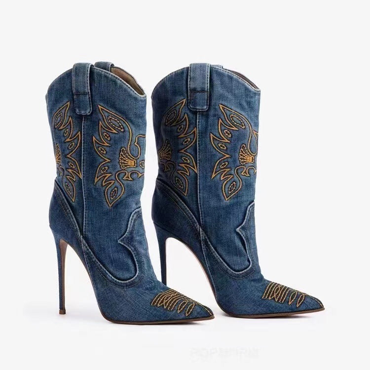 Women's Western Denim Stiletto Boots with Embroidered Sides - Dark Blue