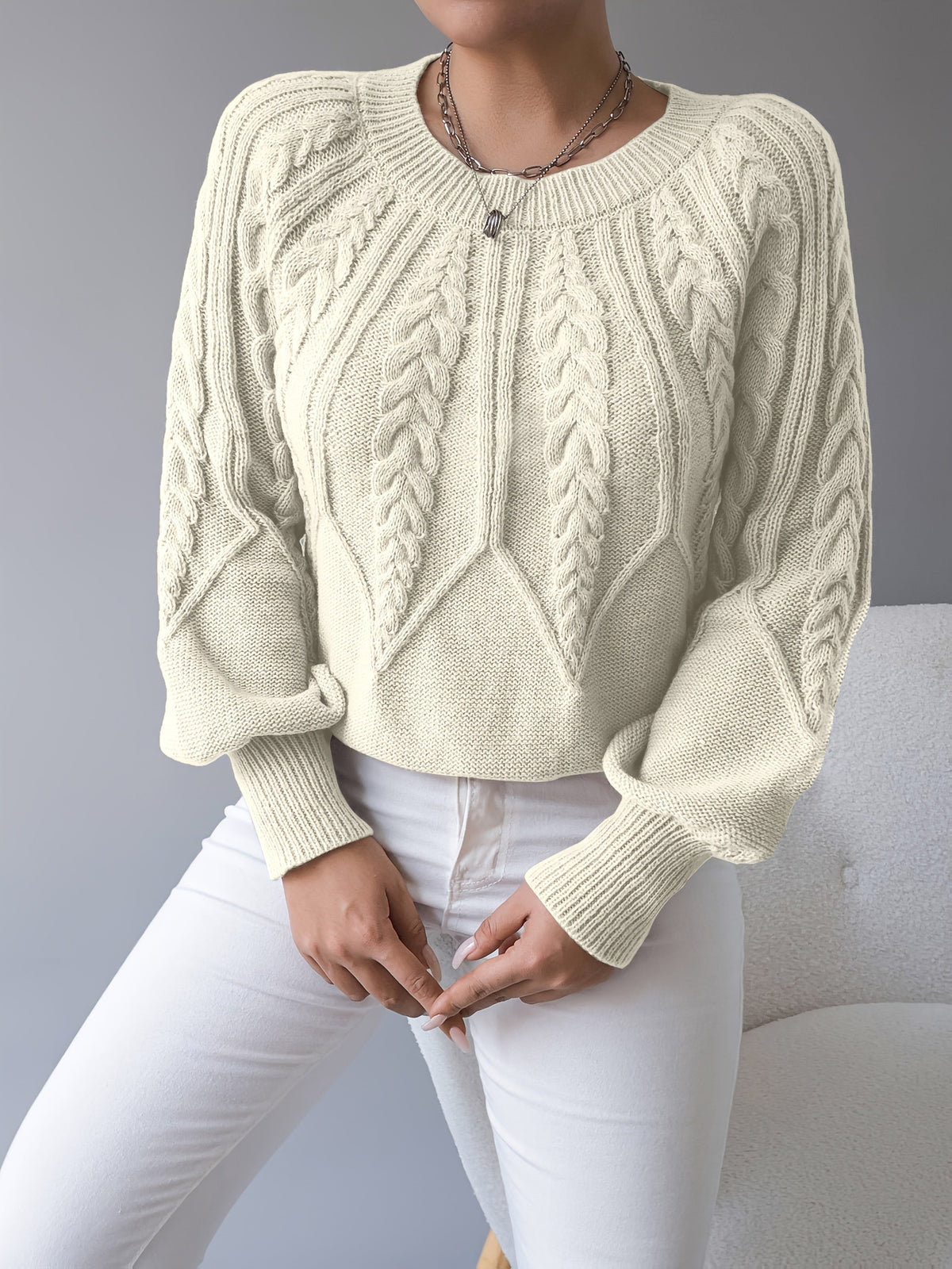 Women's Classic Cable Crew Neck Sweater with Lantern Sleeves