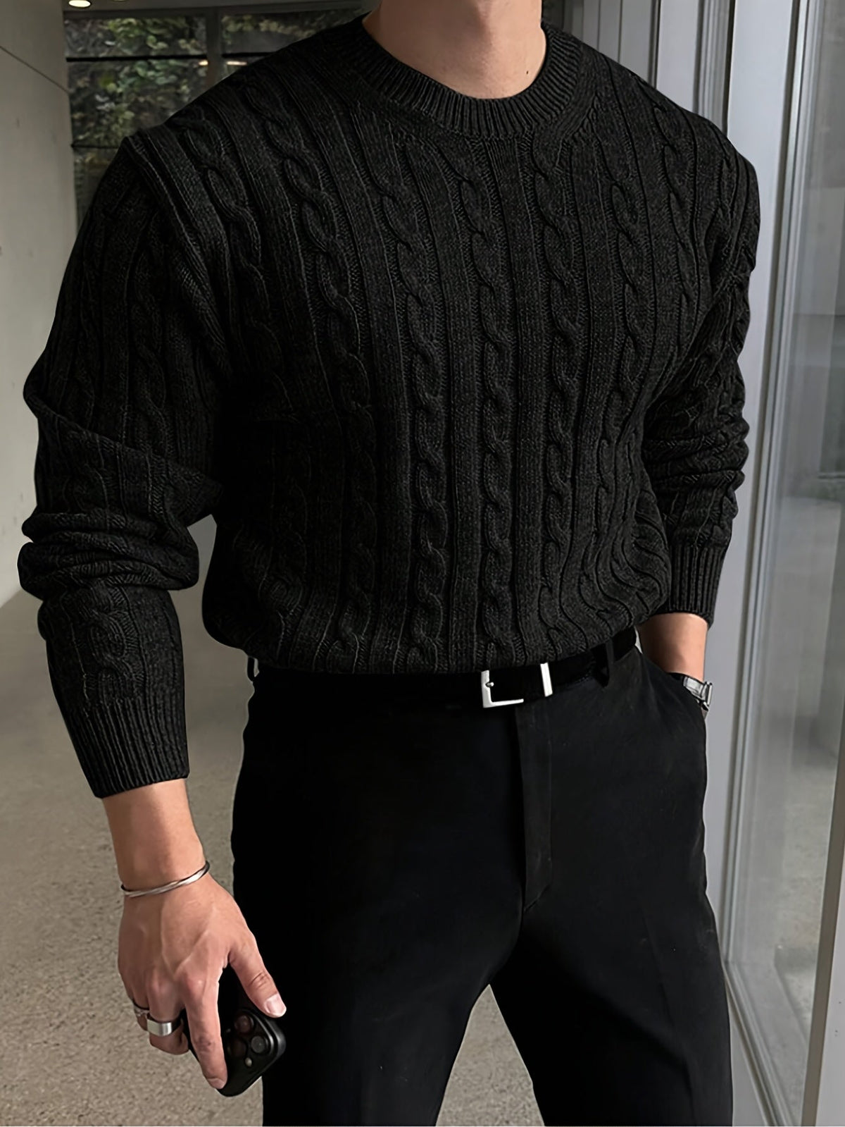 Men's Relaxed Textured Cable Sweater for Work and Weekends
