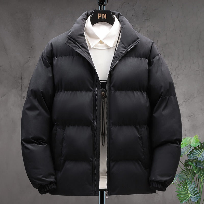 Men's Thick Padded Zip-Up Puffer with Soft Lining and Side Pockets - Black