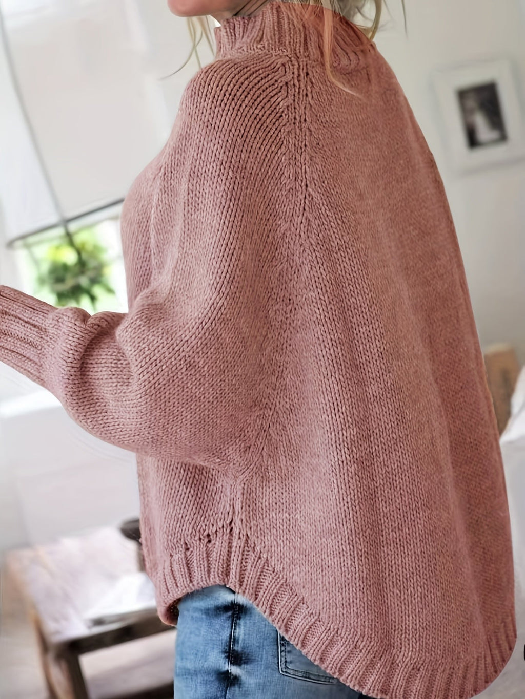 Women's Relaxed Thick Cable-Knit Sweater with Tall Neck