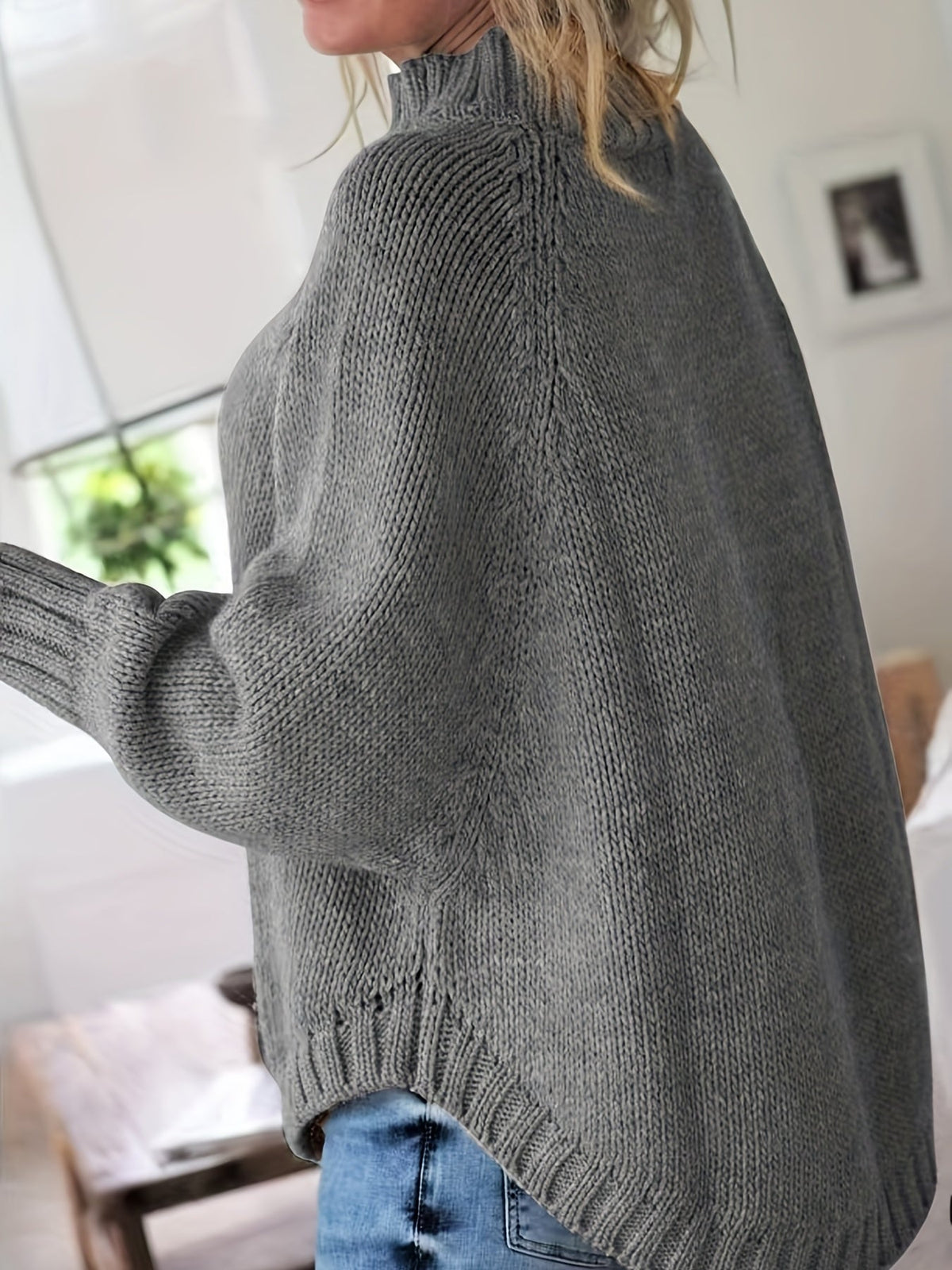 Women's Relaxed Thick Cable-Knit Sweater with Tall Neck