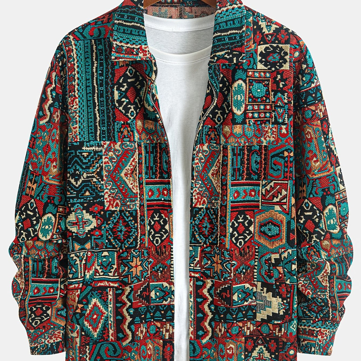 Men's Lapel-Collar Zip Jacket in an Artisan Woven Pattern - Burgundy