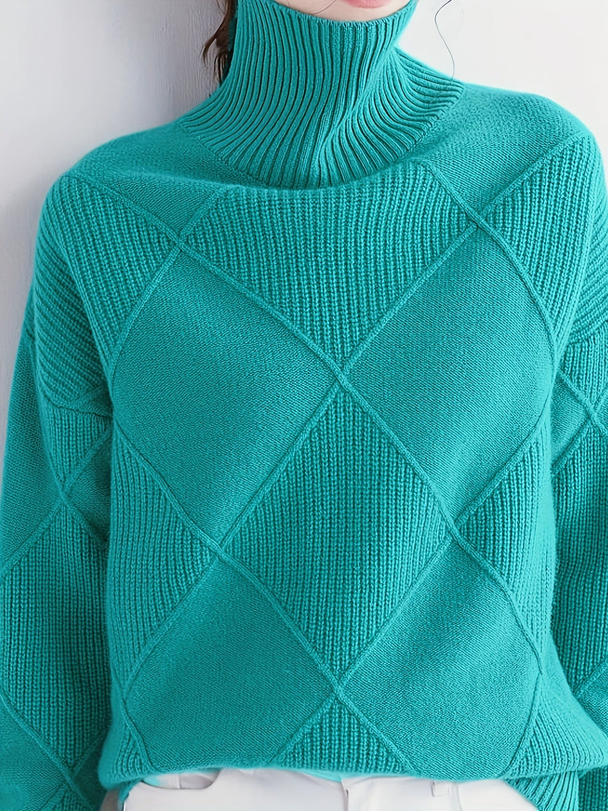 Women's Plus-Size Diamond Knit Turtleneck Sweater in a Relaxed Fit