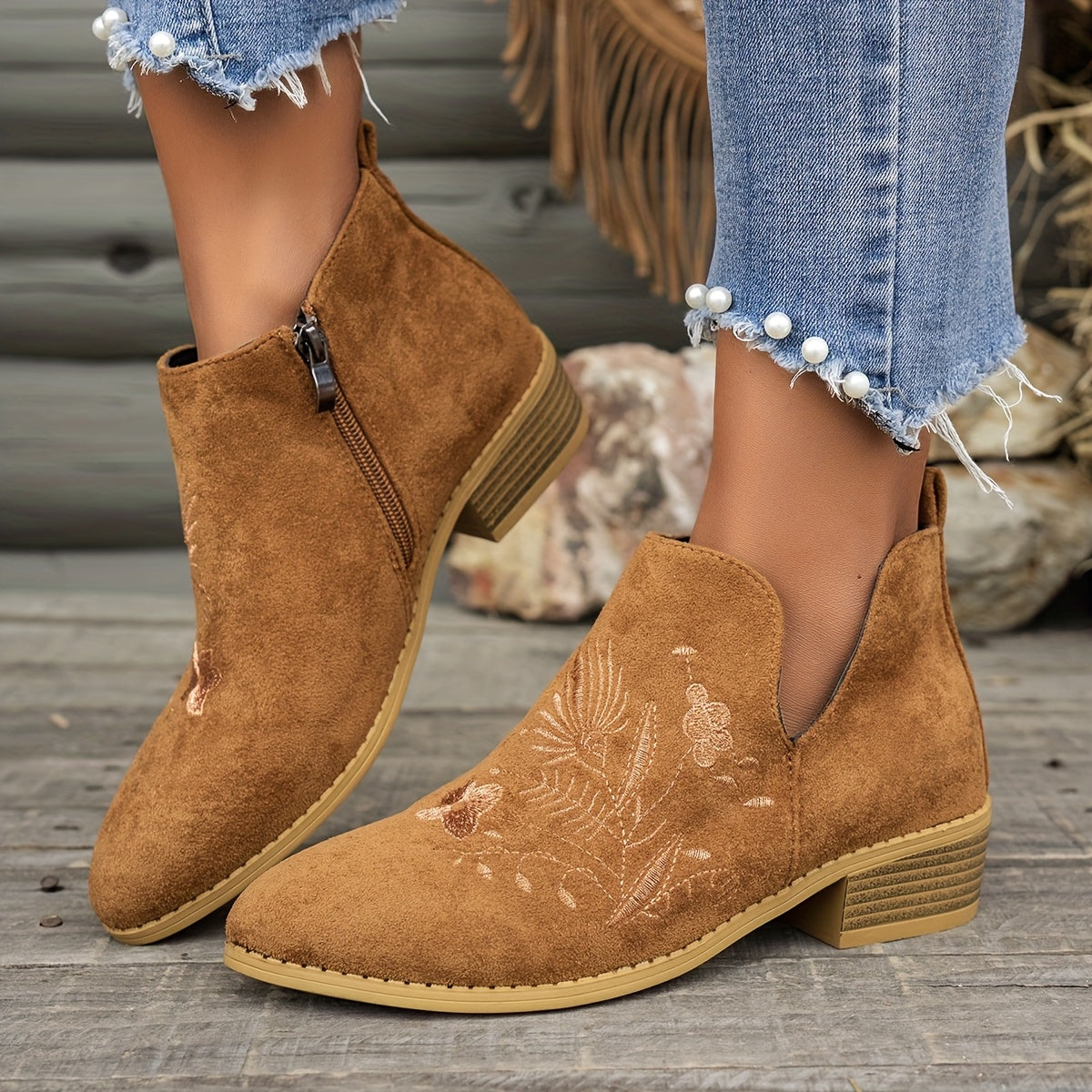Women's Pointed Low Heel Booties with Delicate Embroidery