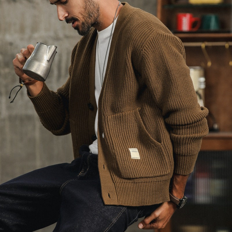 Men's Chunky Cotton Cardigan with Big Front Pockets