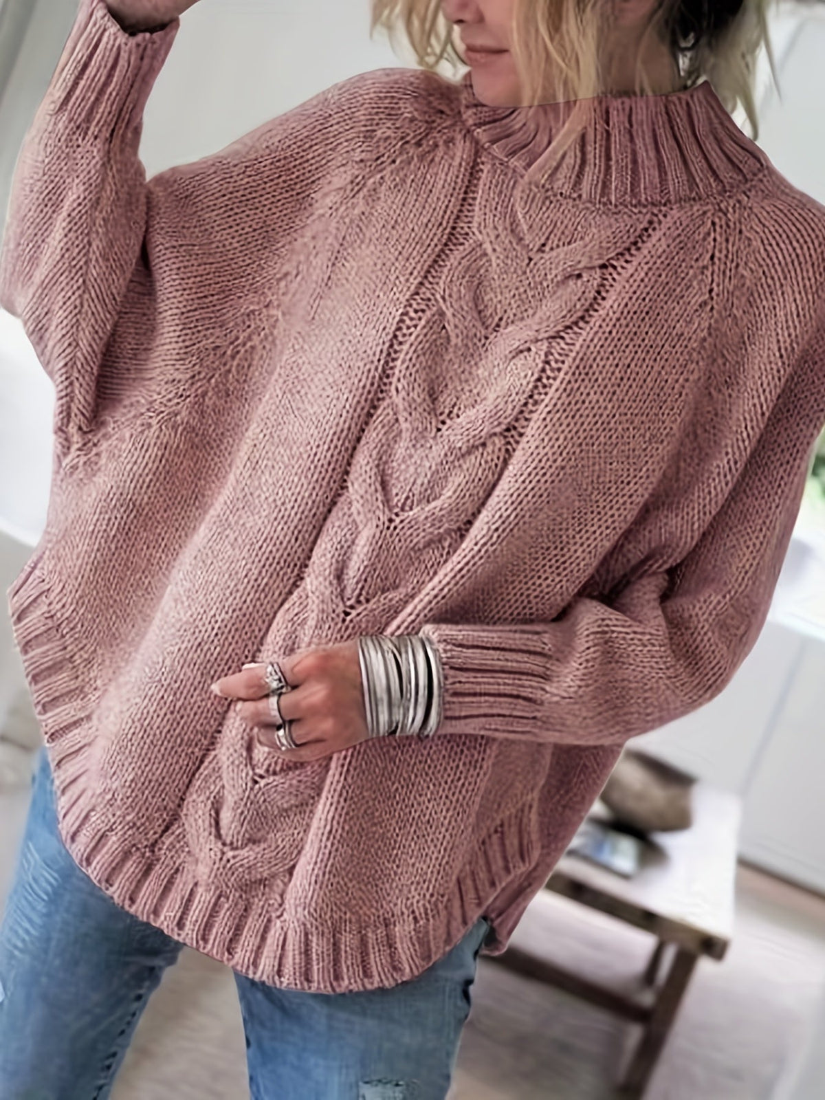 Women's Relaxed Thick Cable-Knit Sweater with Tall Neck