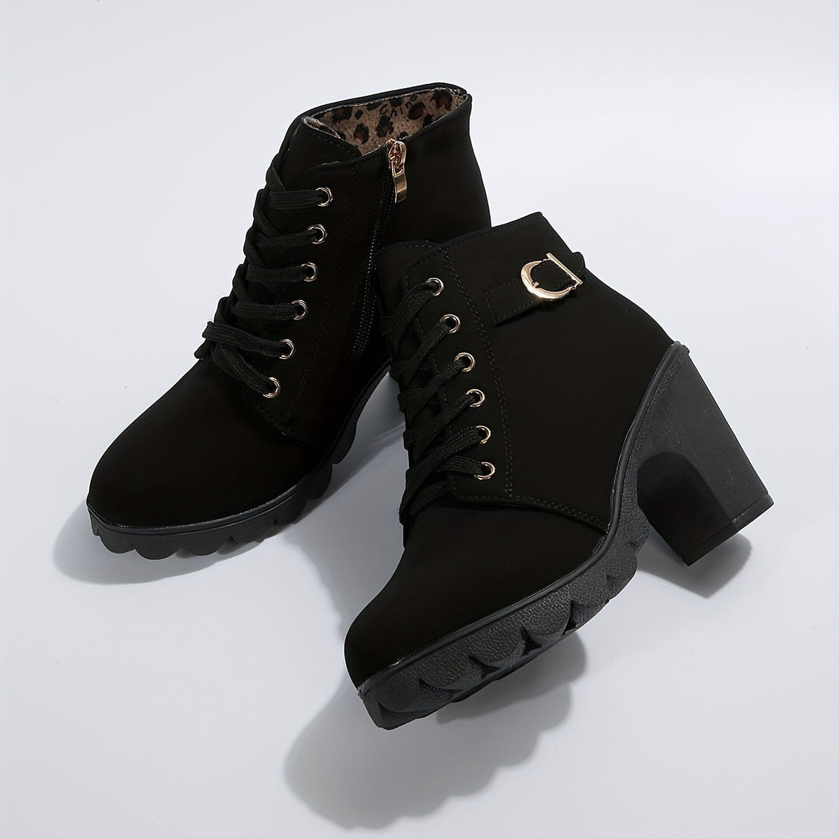 Women's Laced Winter Booties with Buckle Detail and Block Heel