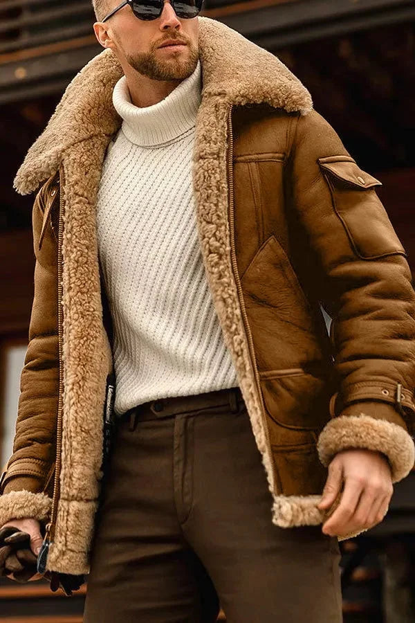 Men's Full-Zip Aviator Jacket with Oversized Collar and Buckle Cuffs - Brown