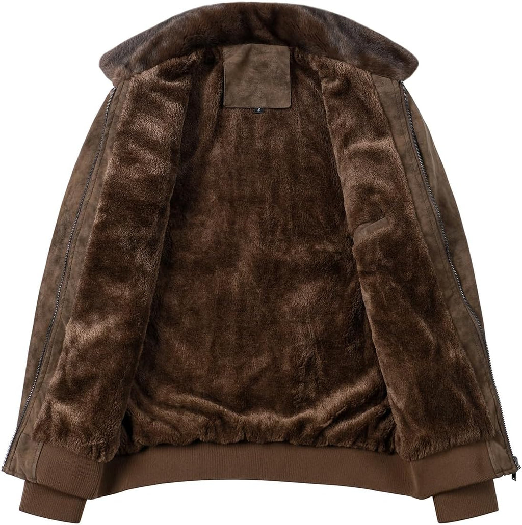 Men's Fleece-Lined Flight Bomber in Aged Faux Leather with Fur Collar