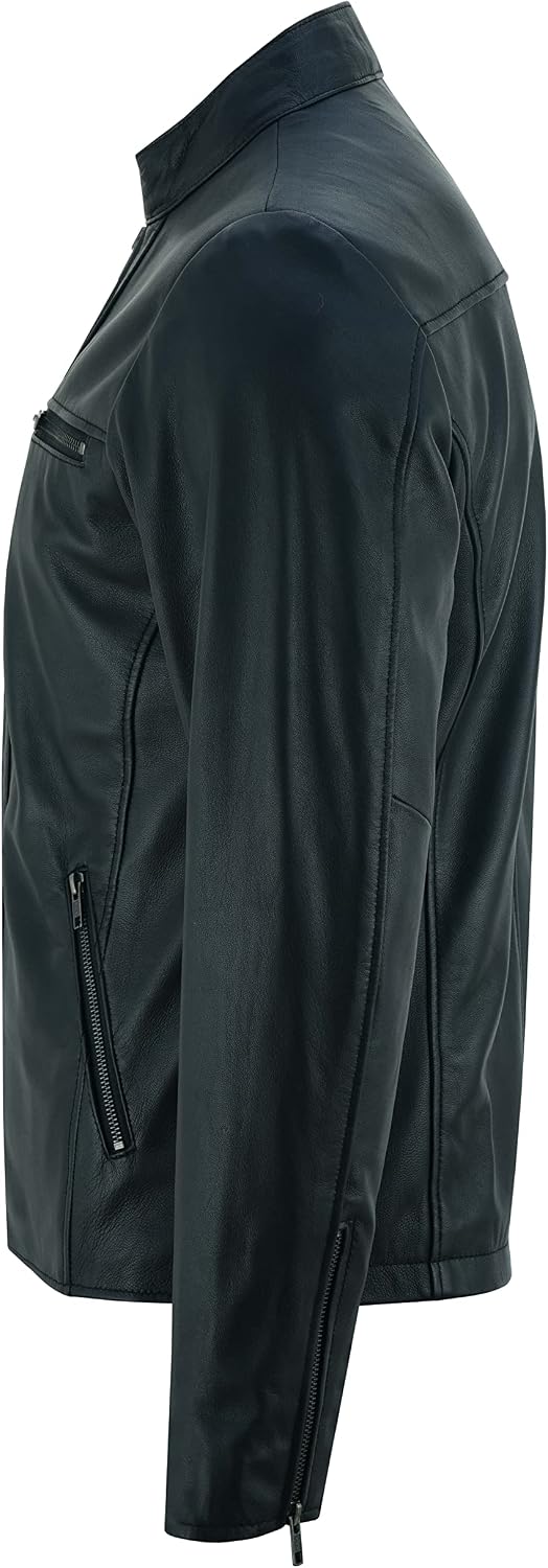 Men's Waist-Length Lambskin Leather Jacket with Snap Stand Collar