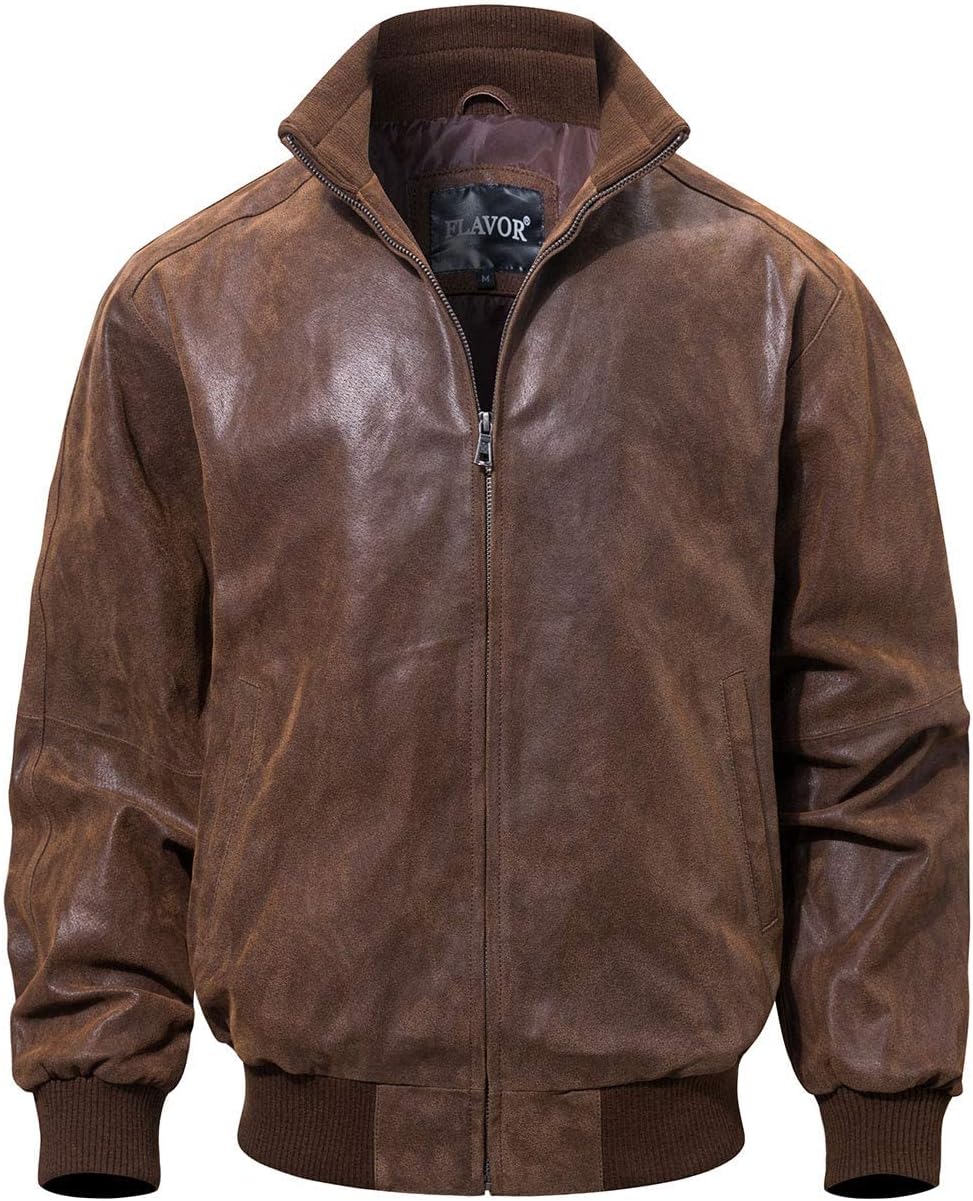 Men's Ribbed-Collar Genuine Leather Bomber Jacket in a Relaxed Fit