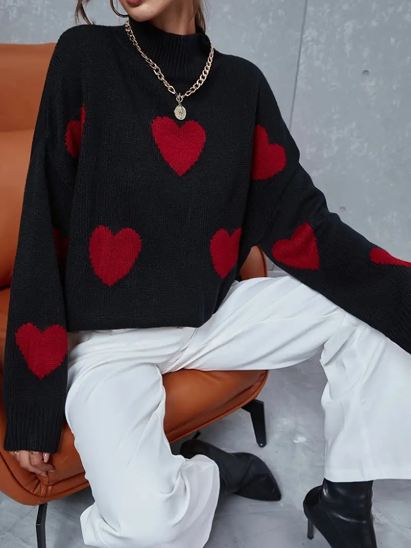 Women's Printed Turtleneck Knit Sweater with Ribbed Hem and Cuffs