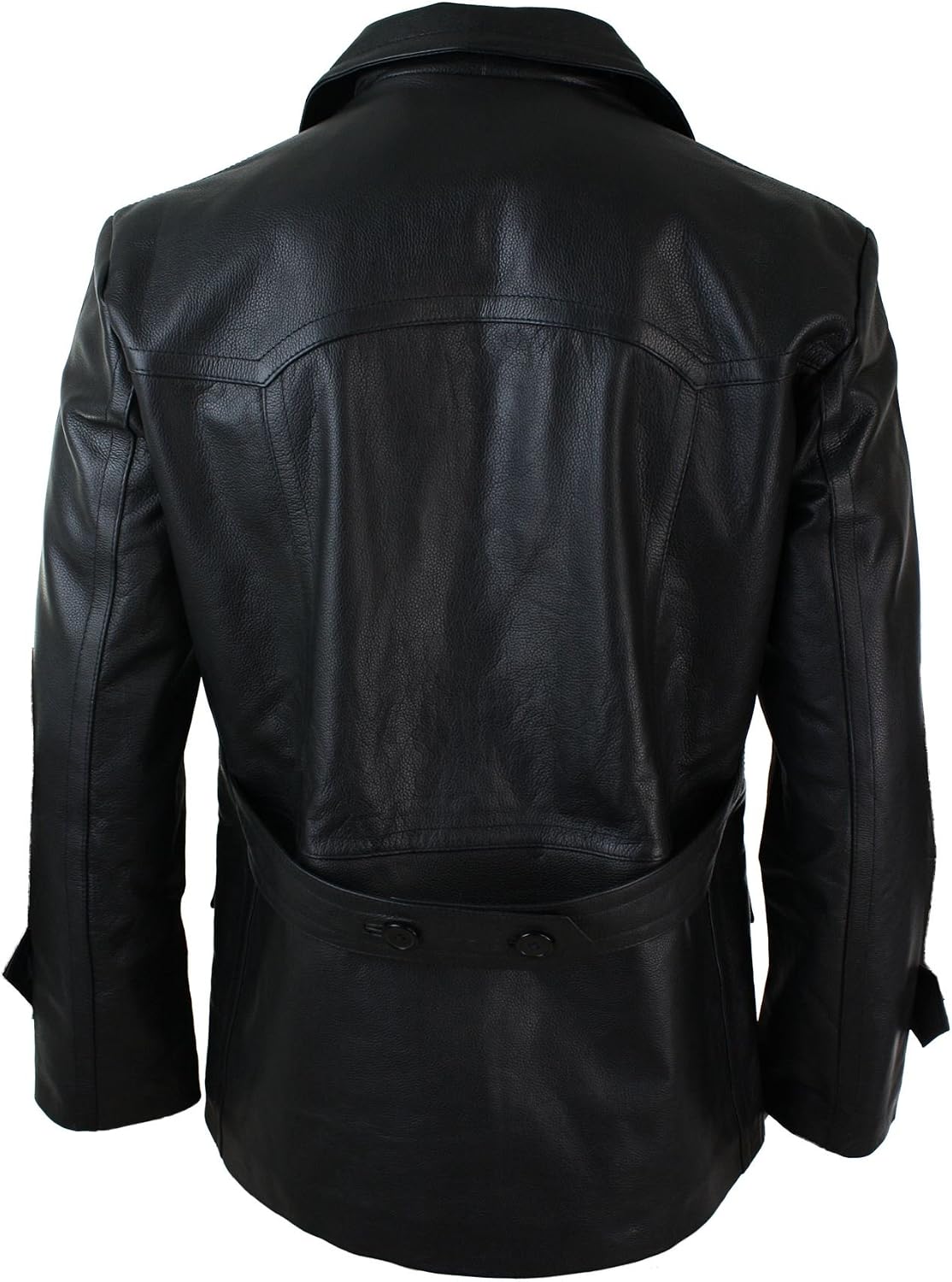 Men's Real Leather Peacoat with Double-Breasted Front and Flap Pockets