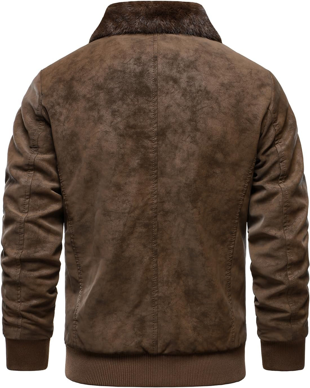 Men's Fleece-Lined Flight Bomber in Aged Faux Leather with Fur Collar