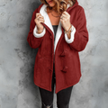 Women's Hooded Duffle Jacket with Toggles and Sherpa Lining - Wine Red