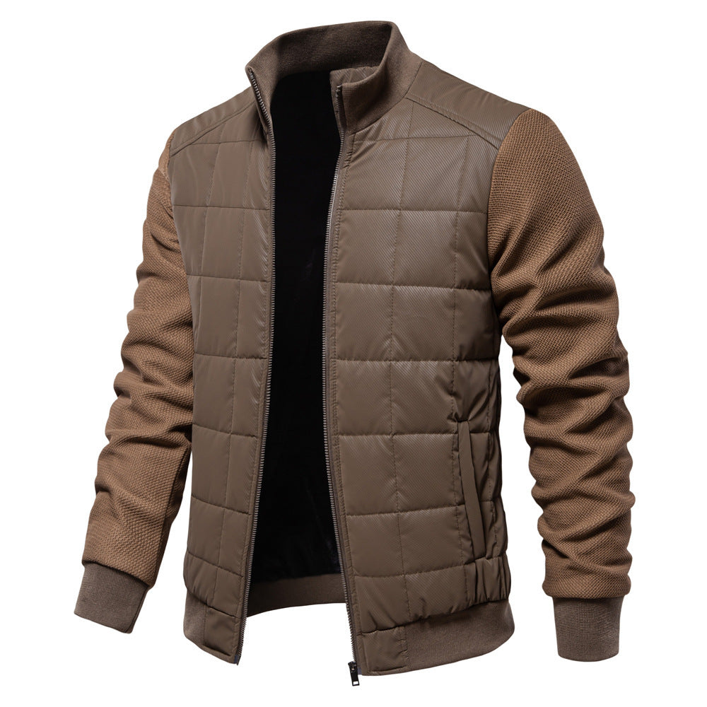 Men's Quilted-Panel Zip-Up Jacket with Stretch Knit Sleeves - Brown
