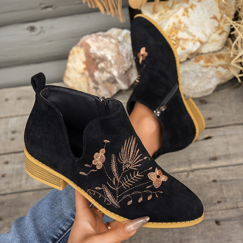 Women's Pointed Low Heel Booties with Delicate Embroidery