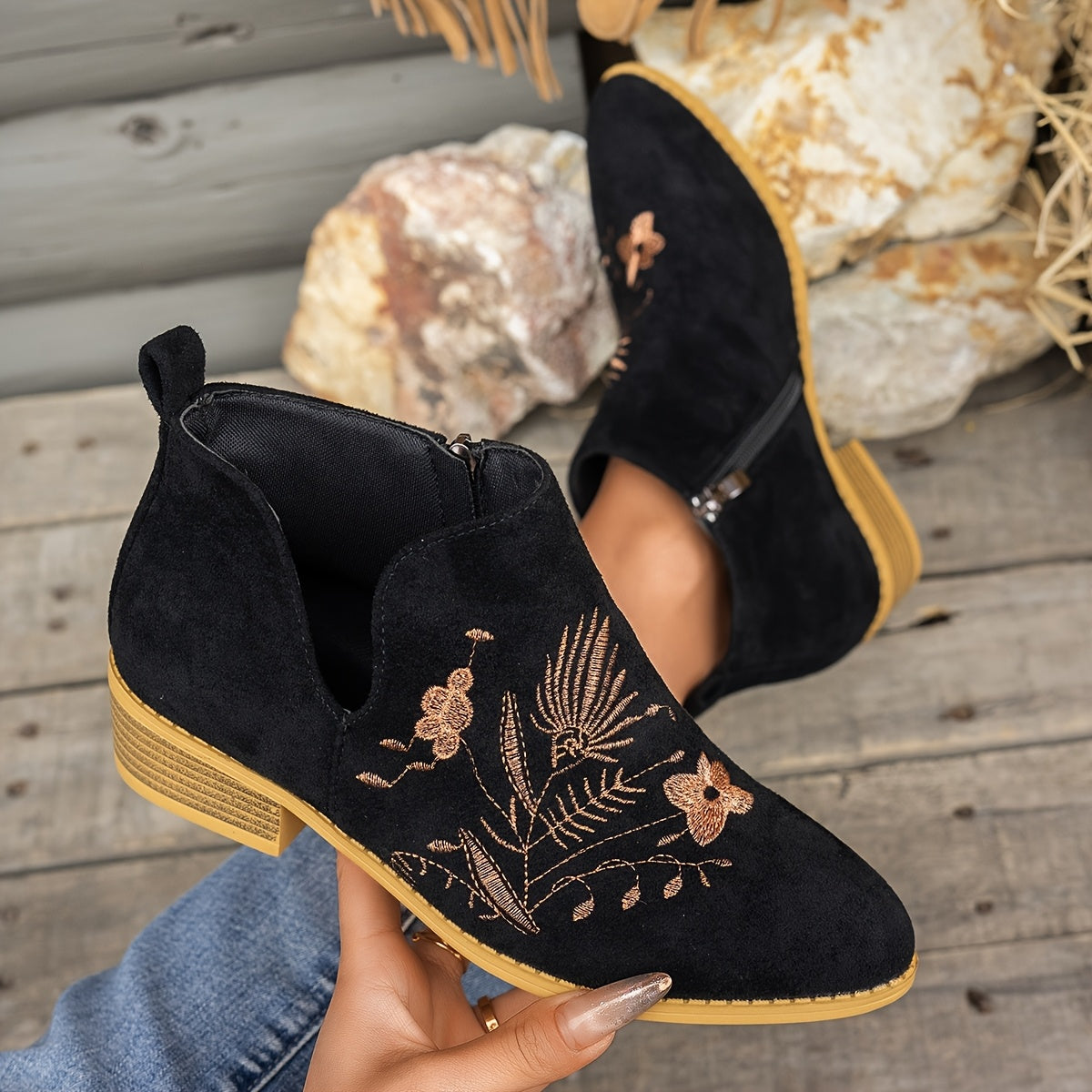 Women's Pointed Low Heel Booties with Delicate Embroidery