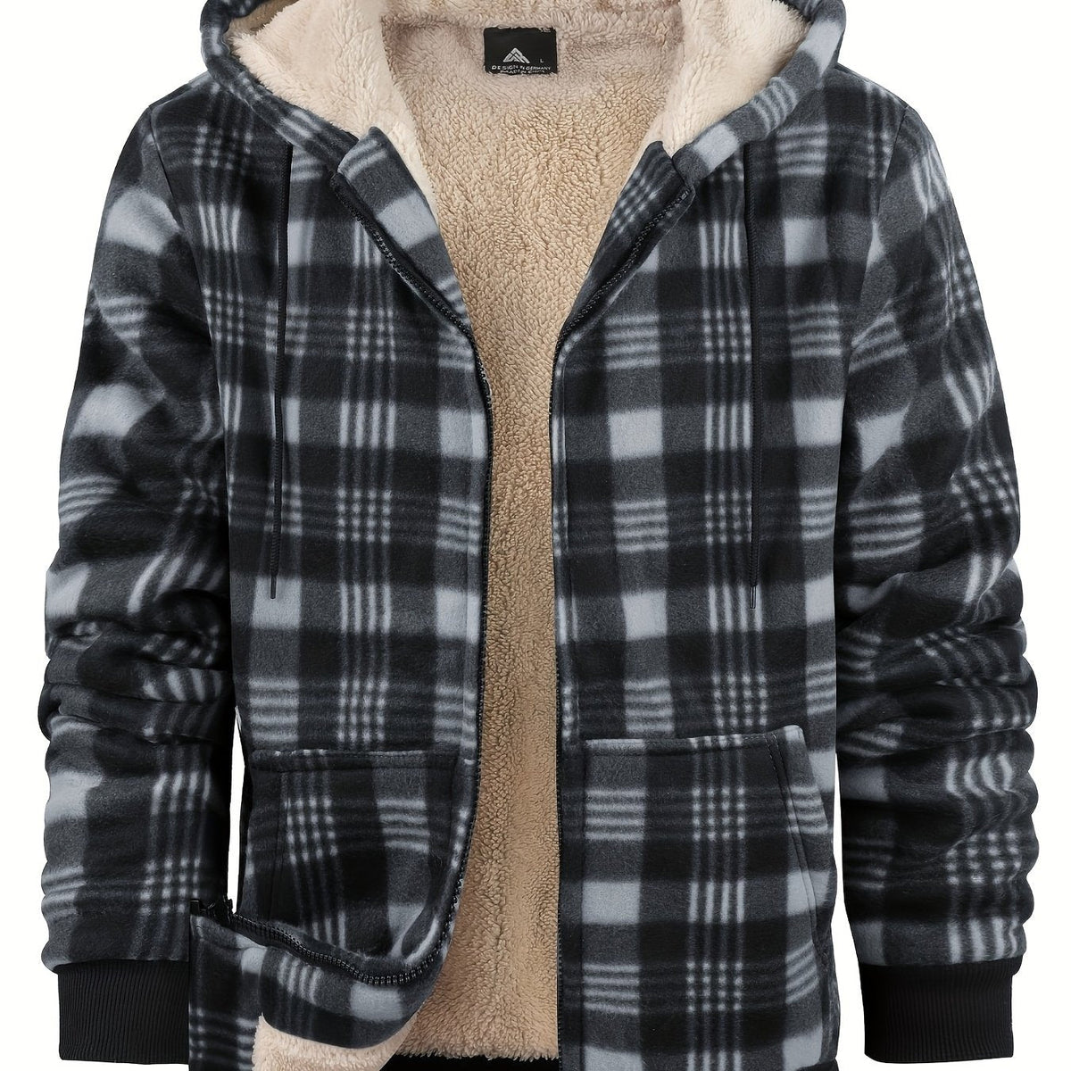 Men's Plush-Lined Zip-Up Hooded Jacket in Solid or Plaid - Black