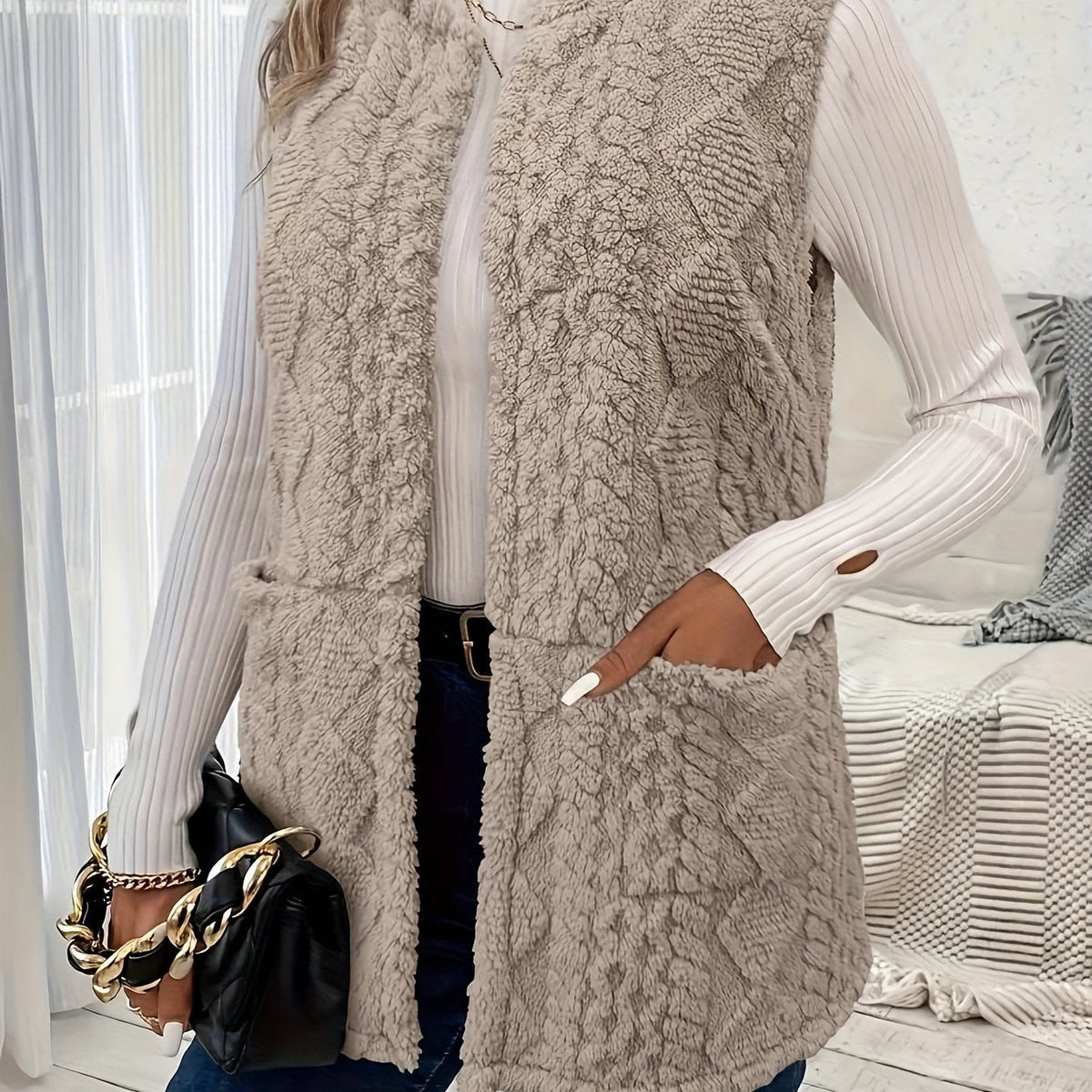 Women's Open Plush Layering Vest with Two Front Pockets - Khaki